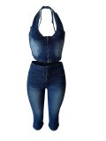 Fashion Denim Zipper Tops Seventh Pants Suit MEM-88643