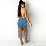 Casual Denim Tie Up Grids Splice Denim Skirt Suit GDAM-715