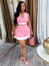 Solid Color Zipper Sleeveless Tops Skirt Suit YWXS-K25L112