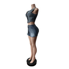 Fashion Denim Sleeveless Vest Shorts 2 Piece Set MEM-88641
