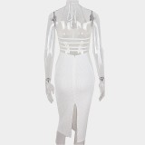 Sexy V Neck Backless Split Midi Dress GAXB-W336DS
