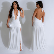 Halterneck Deep V Neck Split Maxi Dress BY-7225
