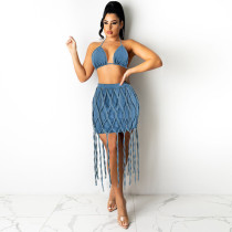 Casual Denim Tie Up Grids Splice Denim Skirt Suit GDAM-715