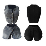Fashion Denim Sleeveless Vest Shorts 2 Piece Set MEM-88641