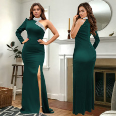 Single Shoulder Long Sleeve Hot Drill Maxi Dress BY-7268