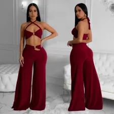 Solid Color Sexy Wrap Chest Loose Pants Suit BY-7236