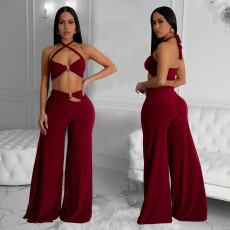 Solid Color Sexy Wrap Chest Loose Pants Suit BY-7236