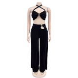 Solid Color Sexy Wrap Chest Loose Pants Suit BY-7236
