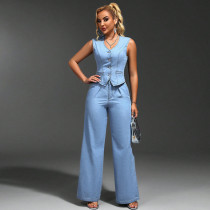 V Neck Sleeveless Cardigan Denim Two Piece Pants Set GDAM-218667