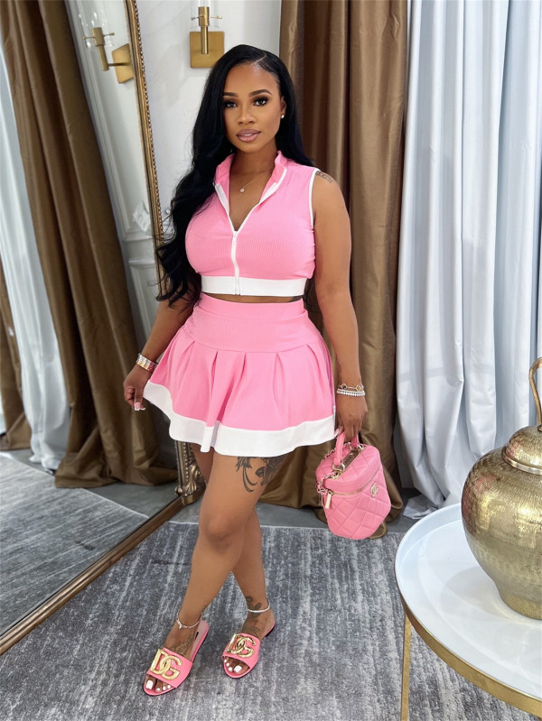 Solid Color Zipper Sleeveless Tops Skirt Suit YWXS-K25L112