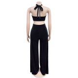 Solid Color Sexy Wrap Chest Loose Pants Suit BY-7236