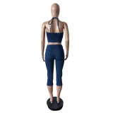 Fashion Denim Zipper Tops Seventh Pants Suit MEM-88643