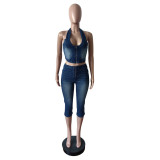 Fashion Denim Zipper Tops Seventh Pants Suit MEM-88643