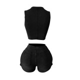 Fashion Denim Sleeveless Vest Shorts 2 Piece Set MEM-88641