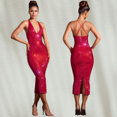 Hot Drill Slim Solid Color Sexy Midi Dress BY-7210