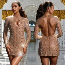 Long Sleeve Backless Hot Drill Mini Dress BY-7230