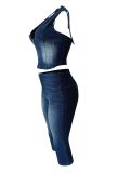 Fashion Denim Zipper Tops Seventh Pants Suit MEM-88643