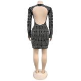 Long Sleeve Backless Hot Drill Mini Dress BY-7230