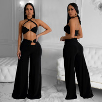 Solid Color Sexy Wrap Chest Loose Pants Suit BY-7236