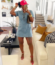 Plus Size Tie Up Short Sleeve Denim Mini Dress GAKF-50401