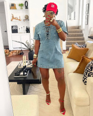 Plus Size Tie Up Short Sleeve Denim Mini Dress GAKF-50401