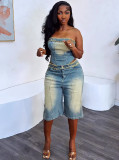 Fashion Raw Edge Wrap Top Shorts Denim Suit GAKF-50319