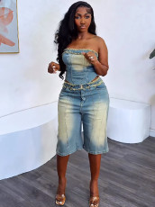 Fashion Raw Edge Wrap Top Shorts Denim Suit GAKF-50319