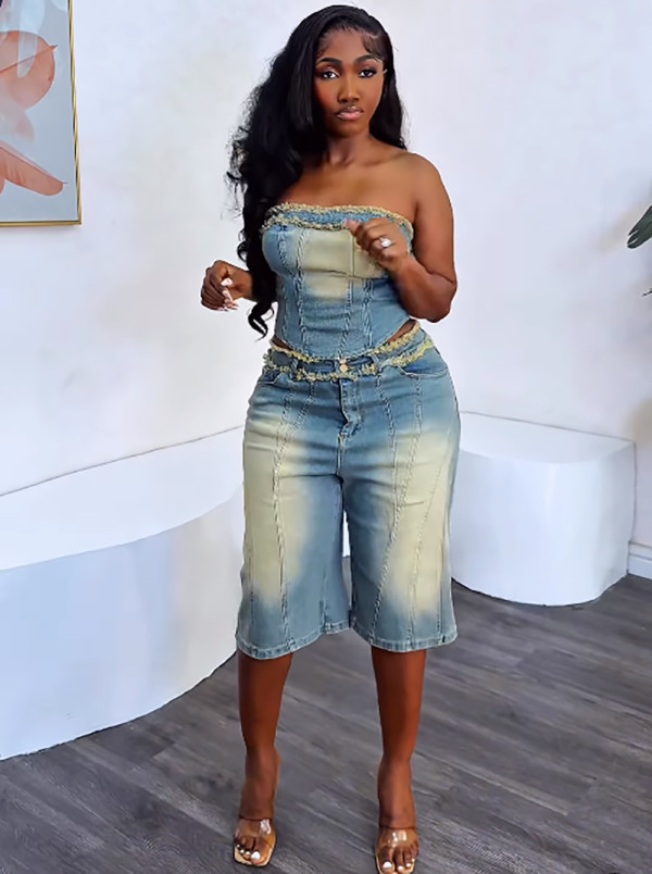 Fashion Raw Edge Wrap Top Shorts Denim Suit GAKF-50319
