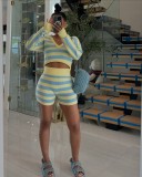 Stripe Knits Long Sleeve Hooded Shorts Suit TR-1328