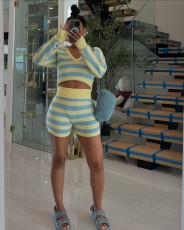 Stripe Knits Long Sleeve Hooded Shorts Suit TR-1328