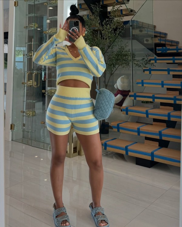 Stripe Knits Long Sleeve Hooded Shorts Suit TR-1328