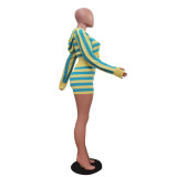 Stripe Knits Long Sleeve Hooded Shorts Suit TR-1328