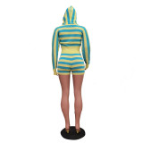 Stripe Knits Long Sleeve Hooded Shorts Suit TR-1328