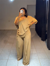 Loose V Neck Stripe Two Piece Pants Set GCNE-HK72391