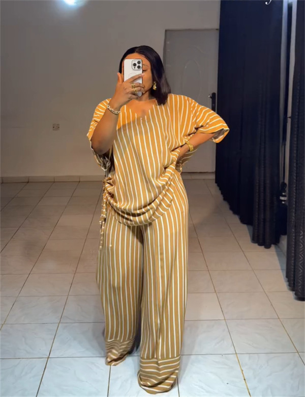 Loose V Neck Stripe Two Piece Pants Set GCNE-HK72391