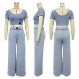 Solid Color U Neck Tops Wide Leg Pants Suit YF-10826
