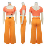 Solid Color U Neck Tops Wide Leg Pants Suit YF-10826