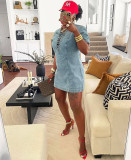 Plus Size Tie Up Short Sleeve Denim Mini Dress GAKF-50401