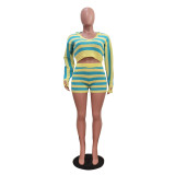 Stripe Knits Long Sleeve Hooded Shorts Suit TR-1328