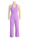 Halterneck Solid Vest Wide Leg Pants Suit SH-391362