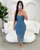 Solid Color Wrap Chest Knits Long Dress TR-1329