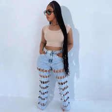 Fashion Hollow Out Holes Straight Jeans GAKF-50404