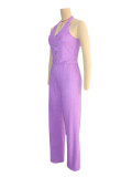 Halterneck Solid Vest Wide Leg Pants Suit SH-391362