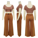 Solid Color U Neck Tops Wide Leg Pants Suit YF-10826