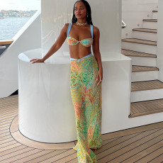 Colorblocked Printed Strappy Top Half Skirt Three-Piece Set XEF-K24S62098
