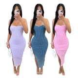 Solid Color Wrap Chest Knits Long Dress TR-1329