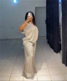 Loose V Neck Stripe Two Piece Pants Set GCNE-HK72391