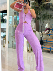 Halterneck Solid Vest Wide Leg Pants Suit SH-391362