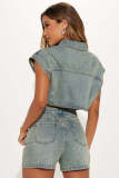 Denim Color Block Lapel Two Piece Shorts Set GSMJ-8002