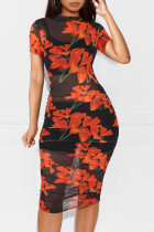 Short Sleeve Print Mesh Dress+Vest+Shorts 3 Piece Set MZ-2641-1